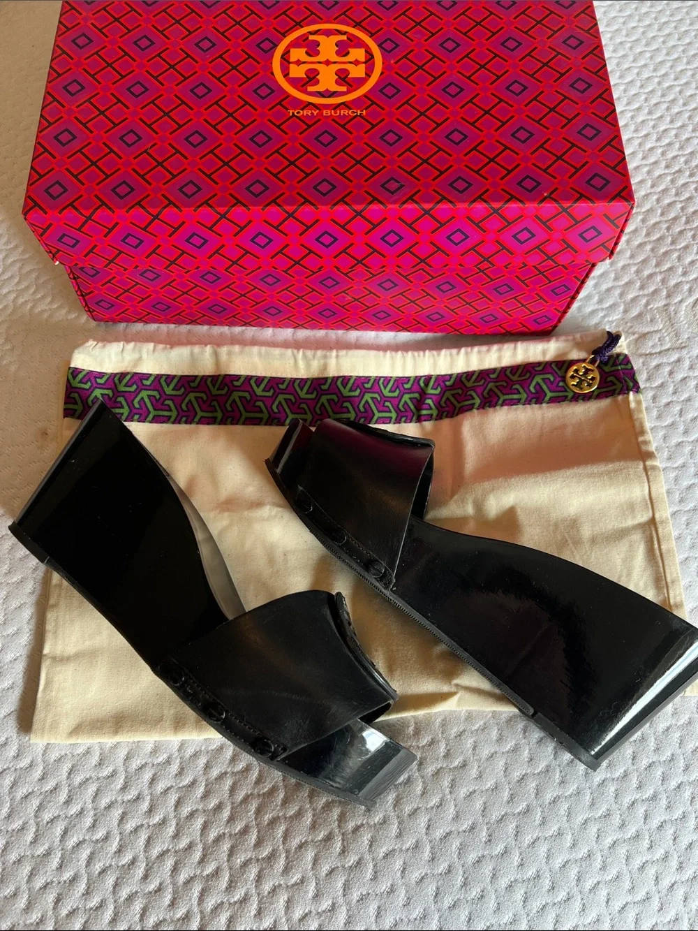 Tory Burch Black Leather Logo Slide Mules